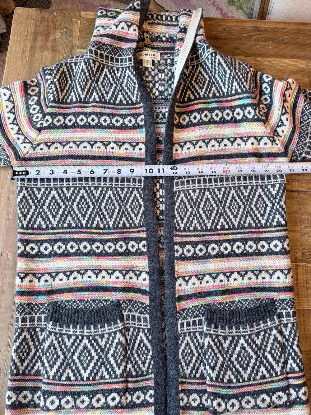 Monteau Los Angeles Open-Front Hooded Long Cardigan Sweater. Women’s Sz-M  Aztec